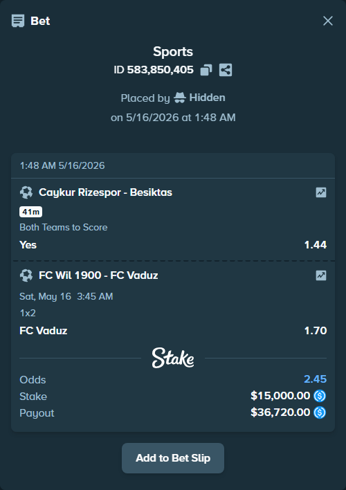 Bet slip: Caykur Rizespor - Besiktas, $15,000.00 stake at 1.44 odds, placed by Hidden