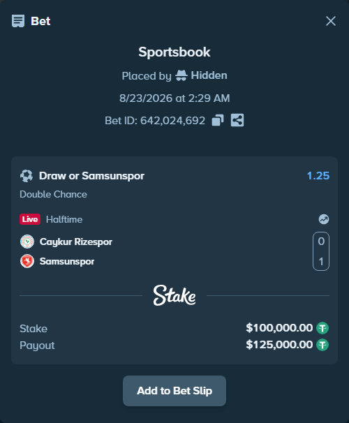 Bet slip: Caykur Rizespor - Samsunspor, $100,000.00 stake at 1.25 odds, placed by Hidden