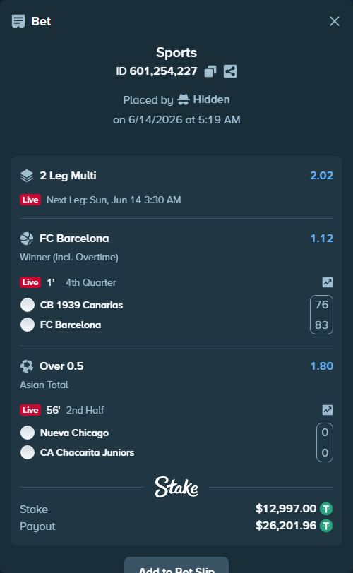 Bet slip: CB 1939 Canarias - FC Barcelona, $13,010.00 stake at 1.12 odds, placed by Hidden