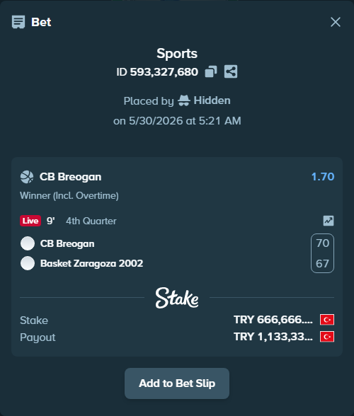 Bet slip: CB Breogan - Basket Zaragoza 2002, $19,999.98 stake at 1.70 odds, placed by Hidden