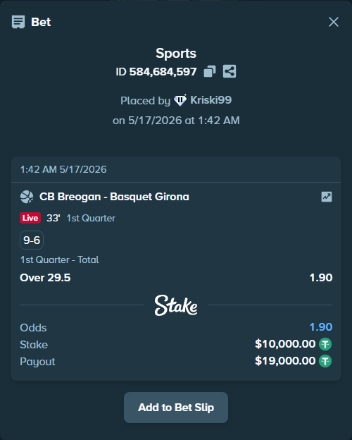 Bet slip: CB Breogan - Basquet Girona, $10,010.00 stake at 1.90 odds, placed by Kriski99