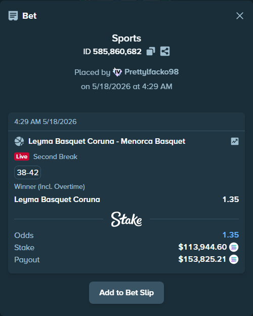 Bet slip: CB Coruna - Menorca Basquet, $96,646.90 stake at 1.35 odds, placed by Prettylfacko98