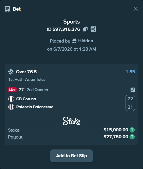 Bet slip: CB Coruna - Palencia Baloncesto, $15,000.00 stake at 1.85 odds, placed by Hidden