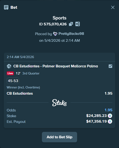 Bet slip: CB Estudiantes - Palmer Basquet Mallorca Palma, $21,229.00 stake at 1.95 odds, placed by Prettylfacko98