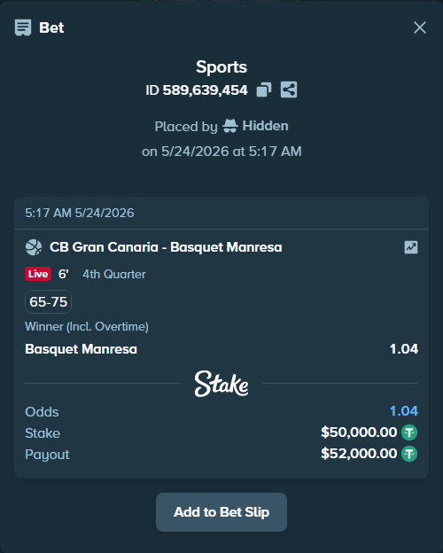 Bet slip: CB Gran Canaria - Basquet Manresa, $50,050.00 stake at 1.04 odds, placed by Hidden