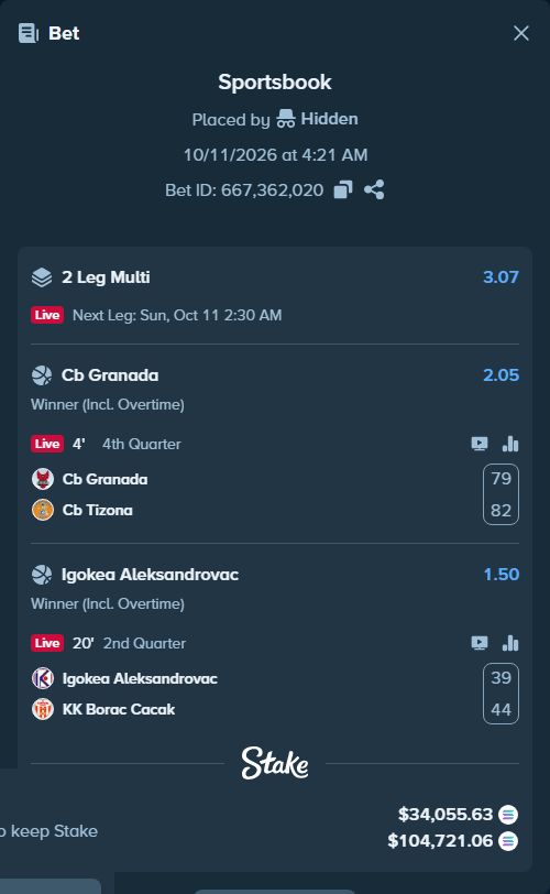 Bet slip: CB Granada - CB Tizona, $34,136.00 stake at 2.05 odds, placed by Prettylfacko98