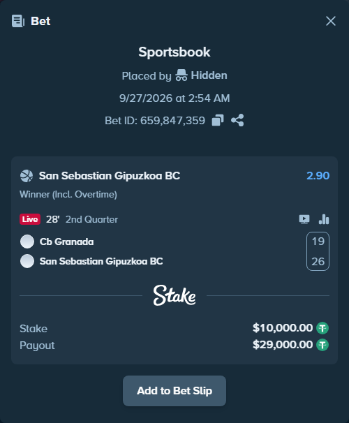 Bet slip: CB Granada - San Sebastian Gipuzkoa BC, $10,000.00 stake at 2.90 odds, placed by Hidden