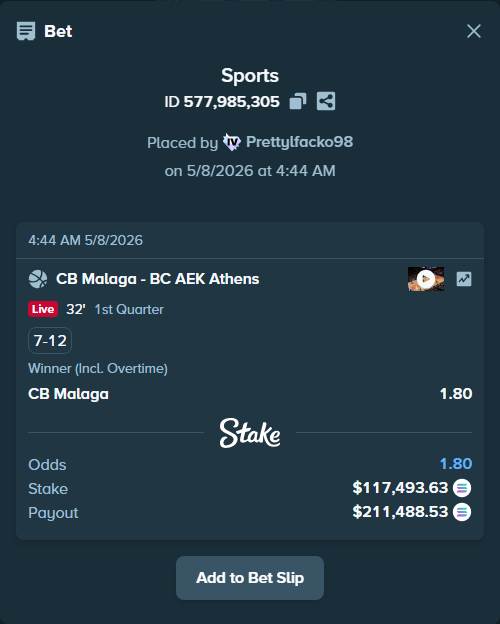 Bet slip: CB Malaga - BC AEK Athens, $97,524.51 stake at 1.80 odds, placed by Prettylfacko98