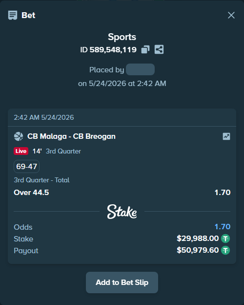 Bet slip: CB Malaga - CB Breogan, $30,017.99 stake at 1.70 odds, placed by Kriski99