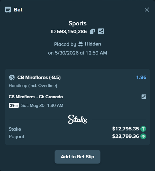 Bet slip: CB San Pablo Burgos - CB Granada, $12,808.15 stake at 1.86 odds, placed by Hidden