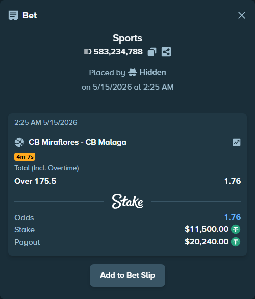 Bet slip: CB San Pablo Burgos - CB Malaga, $11,500.00 stake at 1.76 odds, placed by Hidden