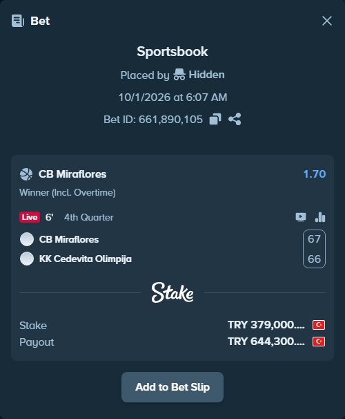 Bet slip: CB San Pablo Burgos - KK Cedevita Olimpija Ljubljana, $11,370.00 stake at 1.70 odds, placed by Resat124