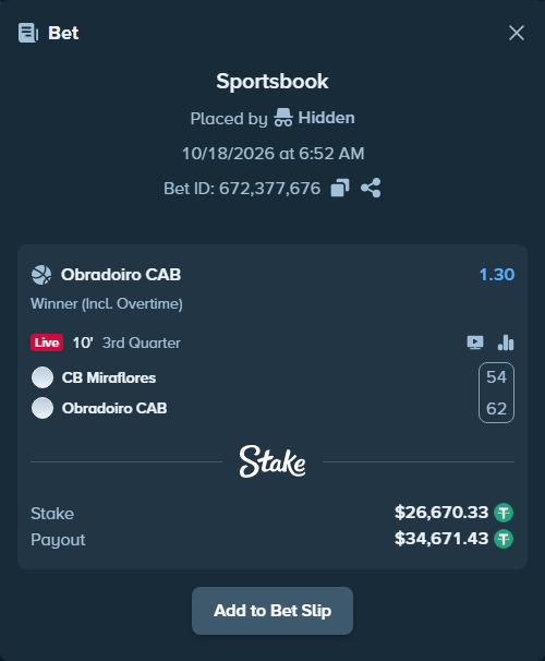Bet slip: CB San Pablo Burgos - Obradoiro CAB, $26,697.00 stake at 1.30 odds, placed by Hidden