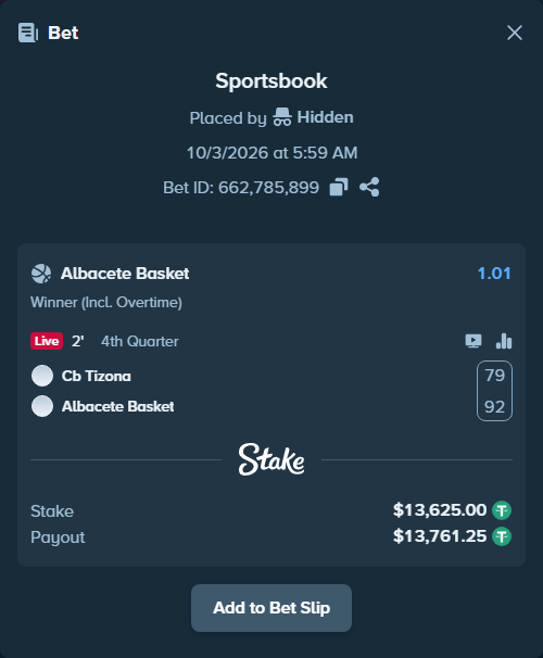 Bet slip: CB Tizona - Albacete Basket, $13,625.00 stake at 1.01 odds, placed by Hidden