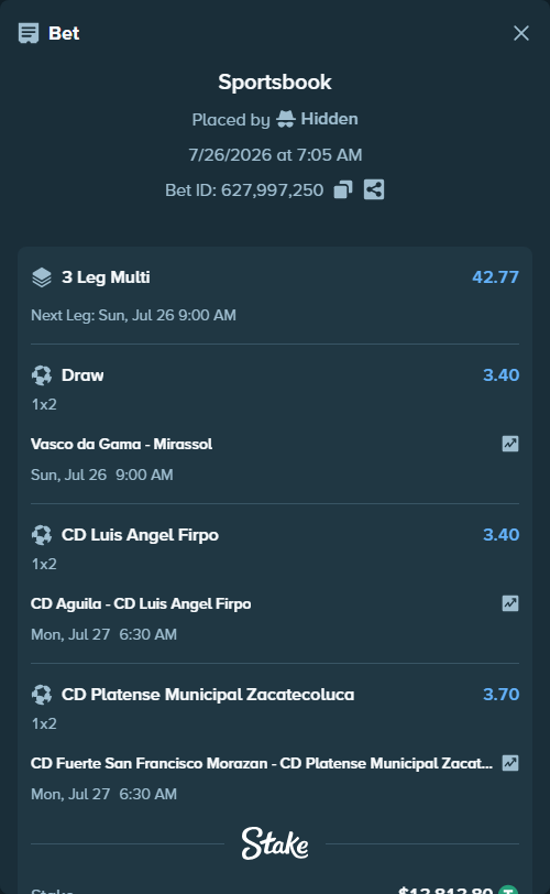 Bet slip: CD Aguila San Miguel - CD Luis Angel Firpo Usulutan, $13,827.62 stake at 3.40 odds, placed by Hidden