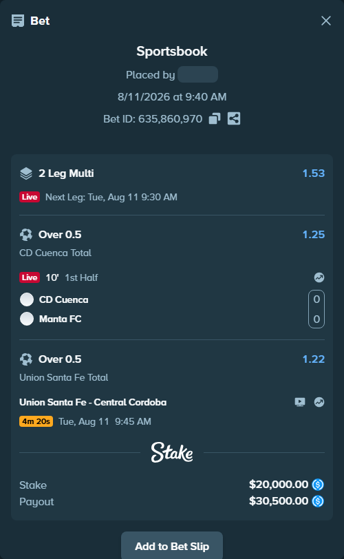 Bet slip: CD Cuenca - Manta FC, $20,000.00 stake at 1.25 odds, placed by SH7N28