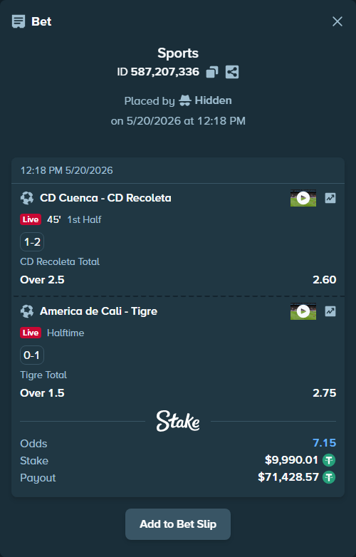 Bet slip: CD Cuenca - Recoleta FC, $10,000.00 stake at 2.60 odds, placed by Hidden