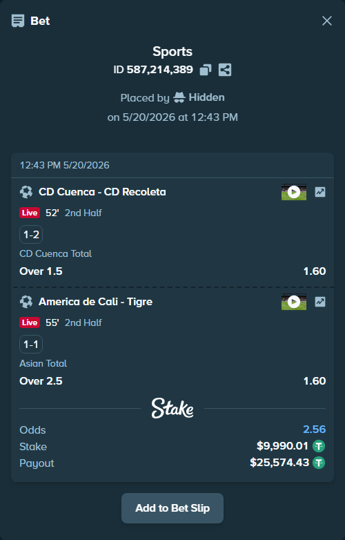 Bet slip: CD Cuenca - Recoleta FC, $10,000.00 stake at 1.60 odds, placed by Hidden