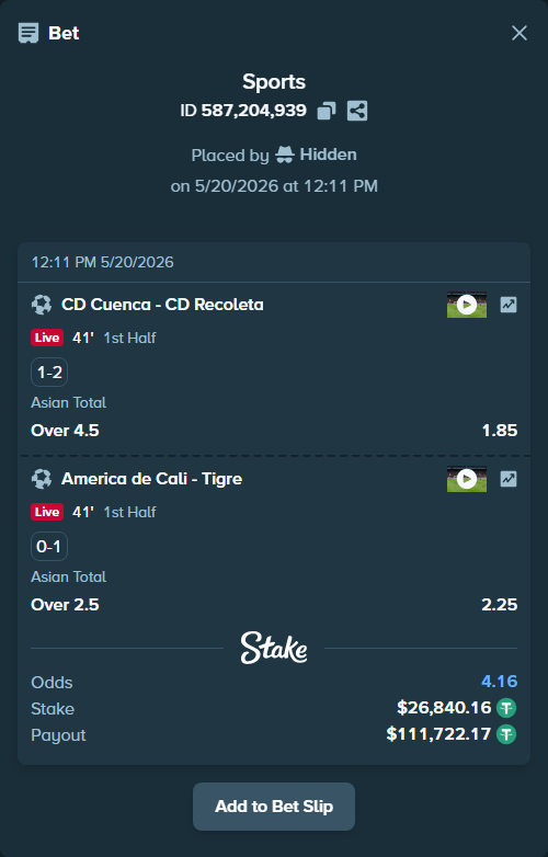 Bet slip: CD Cuenca - Recoleta FC, $26,867.00 stake at 1.85 odds, placed by Hidden