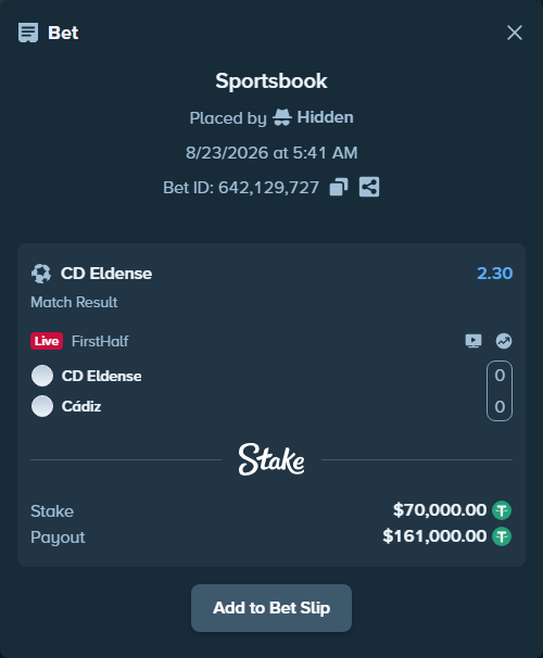 Bet slip: CD Eldense - Cádiz, $70,000.00 stake at 2.30 odds, placed by Hidden