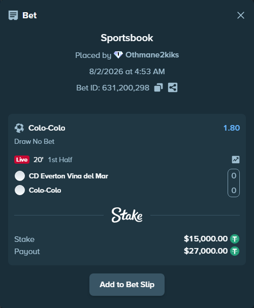 Bet slip: CD Everton Vina del Mar - Colo-Colo, $15,015.00 stake at 1.80 odds, placed by Othmane2kiks