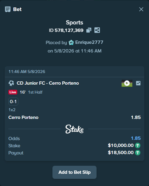 Bet slip: CD Junior FC - Cerro Porteno, $10,000.00 stake at 1.85 odds, placed by Enrique2777