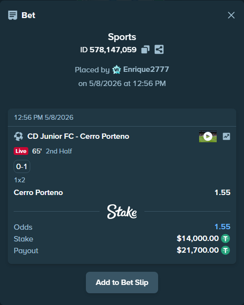 Bet slip: CD Junior FC - Cerro Porteno, $14,000.00 stake at 1.55 odds, placed by Enrique2777