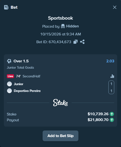 Bet slip: CD Junior FC - Deportivo Pereira FC SA, $10,750.00 stake at 2.03 odds, placed by Reyes32