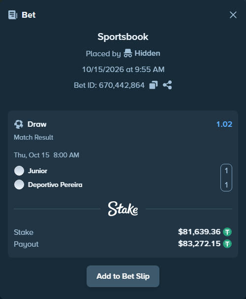 Bet slip: CD Junior FC - Deportivo Pereira FC SA, $81,721.00 stake at 1.02 odds, placed by Hidden