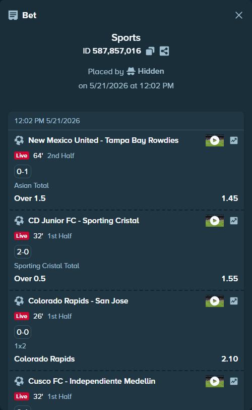 Bet slip: CD Junior FC - Sporting Cristal, $15,024.00 stake at 1.55 odds, placed by Hidden