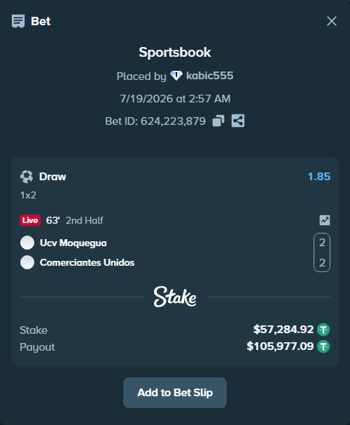 Bet slip: CD Moquegua - Comerciantes Unidos, $57,342.20 stake at 1.85 odds, placed by kabic555