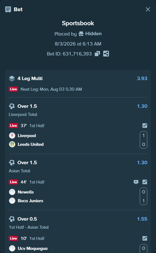 Bet slip: CD Moquegua - FBC Melgar, $33,718.50 stake at 1.55 odds, placed by Hidden