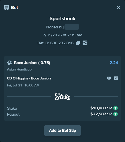 Bet slip: CD O´Higgins - Boca Juniors, $10,094.00 stake at 2.24 odds, placed by Ncs00