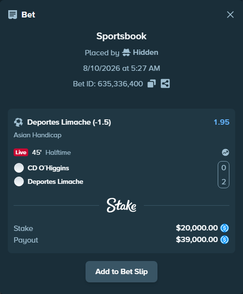 Bet slip: CD O´Higgins - Deportes Limache, $20,000.00 stake at 1.95 odds, placed by Hidden