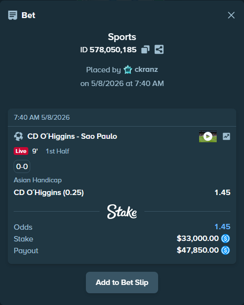 Bet slip: CD O´Higgins - Sao Paulo, $33,000.00 stake at 1.45 odds, placed by ckranz