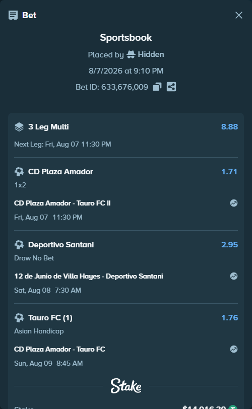 Bet slip: CD Plaza Amador - Tauro FC II, $14,030.32 stake at 1.71 odds, placed by Hidden