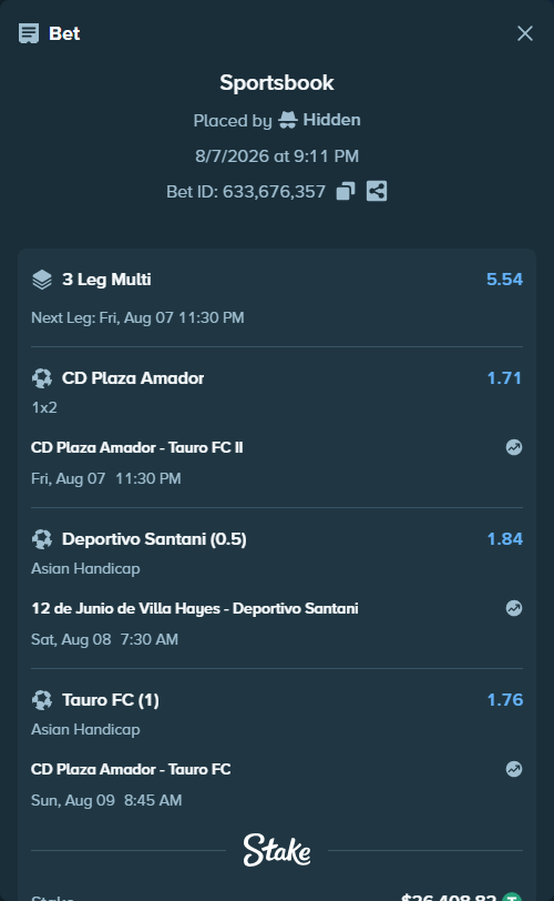 Bet slip: CD Plaza Amador - Tauro FC II, $26,435.23 stake at 1.71 odds, placed by Hidden
