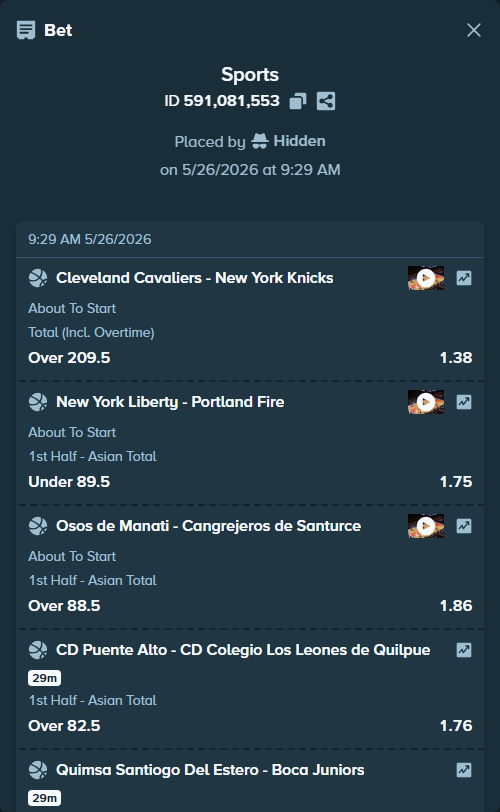 Bet slip: CD Puente Alto - CD Colegio Los Leones, $10,255.00 stake at 1.76 odds, placed by Hidden