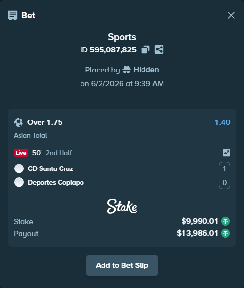 Bet slip: CD Santa Cruz - Deportes Copiapo, $10,000.00 stake at 1.40 odds, placed by Hidden