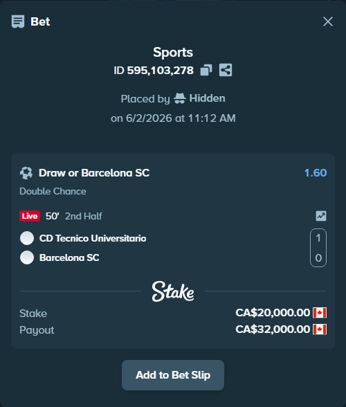 Bet slip: CD Tecnico Universitario - Barcelona SC, $14,800.00 stake at 1.60 odds, placed by Hidden