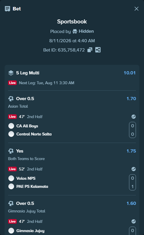 Bet slip: CD Tecnico Universitario - Mushuc Runa SC, $11,834.25 stake at 1.45 odds, placed by Hidden