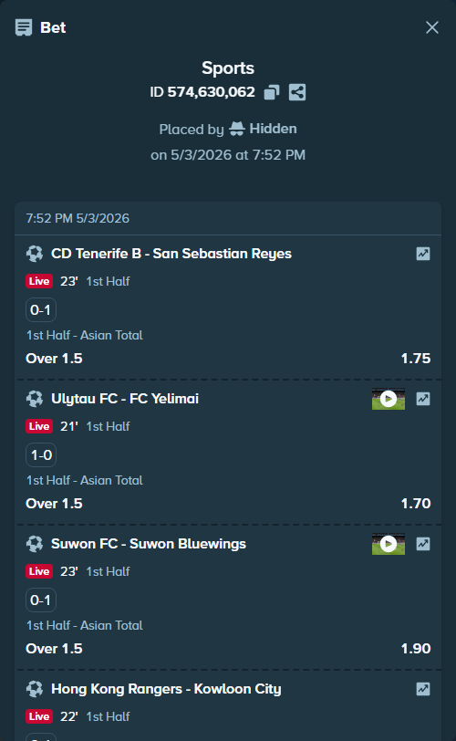 Bet slip: CD Tenerife B - UD San Sebastian Reyes, $10,000.00 stake at 1.75 odds, placed by Hidden
