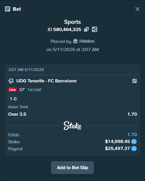 Bet slip: CD Tenerife - FC Barcelona, $14,998.45 stake at 1.70 odds, placed by Hidden