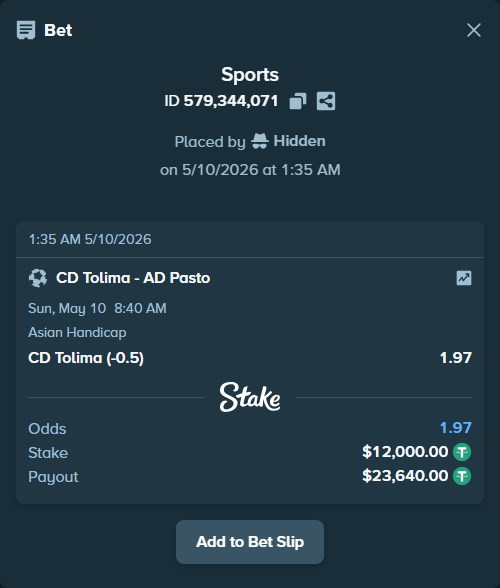 Bet slip: CD Tolima - AD Pasto, $12,000.00 stake at 1.97 odds, placed by Hidden
