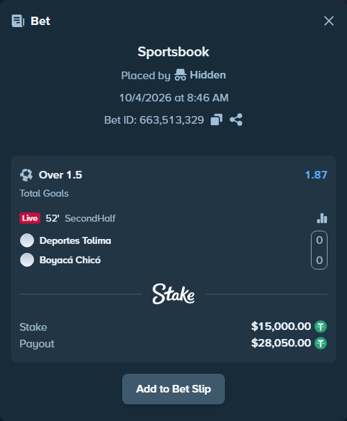 Bet slip: CD Tolima - Boyaca Chico FC, $15,000.00 stake at 1.87 odds, placed by Hidden