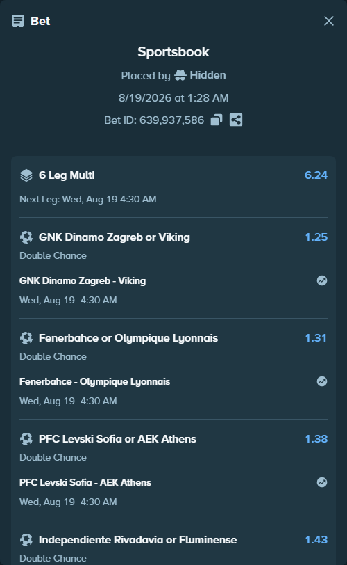 Bet slip: CD Tolima - CSD Independiente del Valle, $15,015.00 stake at 1.38 odds, placed by Hidden