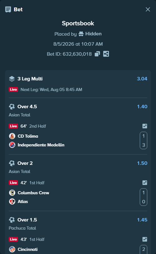Bet slip: CD Tolima - Independiente Medellin, $293,846.92 stake at 1.40 odds, placed by Hidden