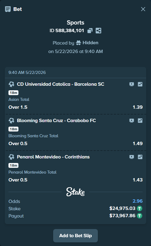 Bet slip: CD Universidad Catolica - Barcelona SC, $25,000.00 stake at 1.39 odds, placed by Hidden