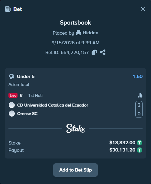 Bet slip: CD Universidad Catolica del Ecuador - Orense SC, $18,832.00 stake at 1.60 odds, placed by Hidden