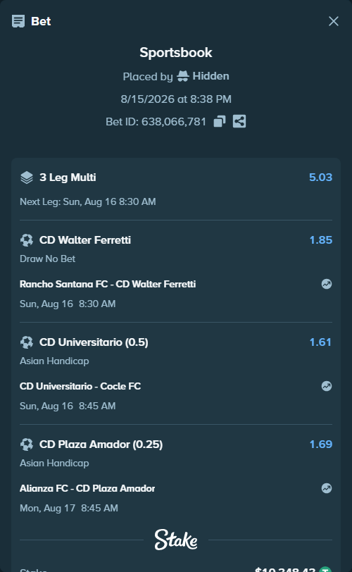 Bet slip: CD Universitario Penonome - Cocle FC, $10,358.78 stake at 1.61 odds, placed by Hidden